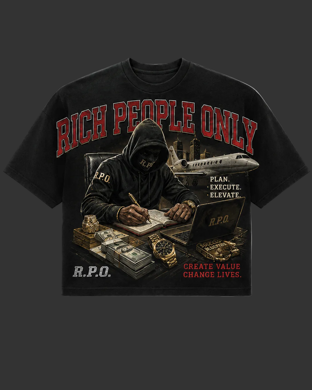 Rich People Only Oversized Graphic Tee. RED